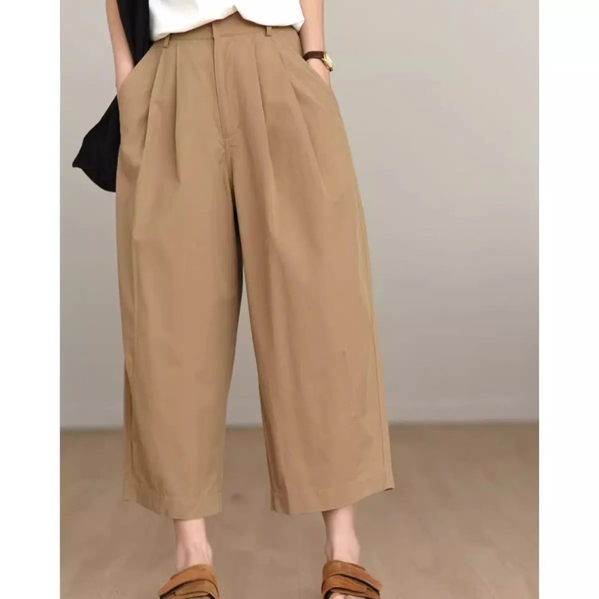 Calças de trabalho de perna larga femininas verão solto versátil calças casuais cintura alta nove centes calças