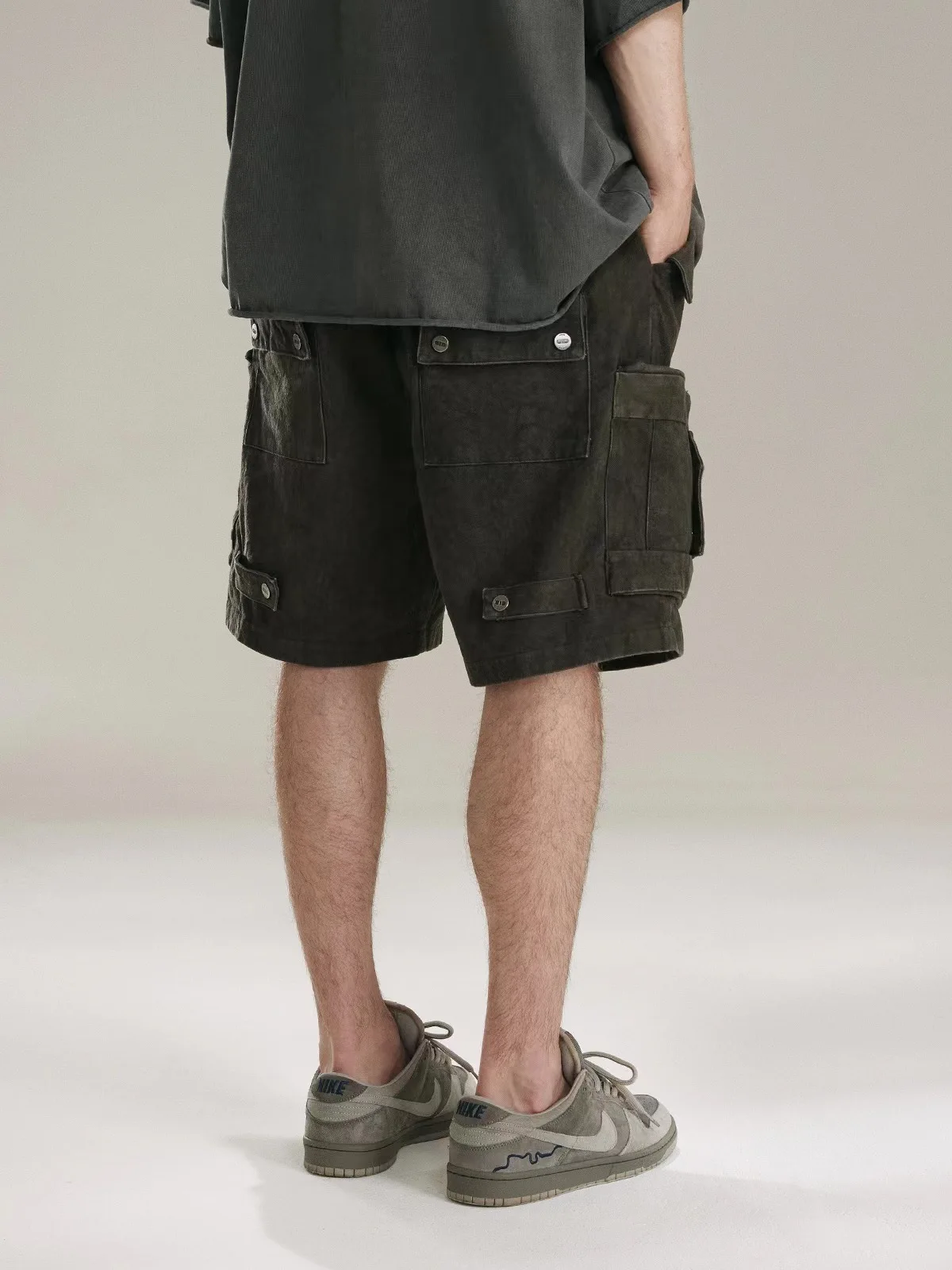 High-street Style Loose Straight-leg Heavy-duty Tie-dye Canvas Washed Shell Shorts 2026 Summer Elastic Waist Denim Cargo Shorts