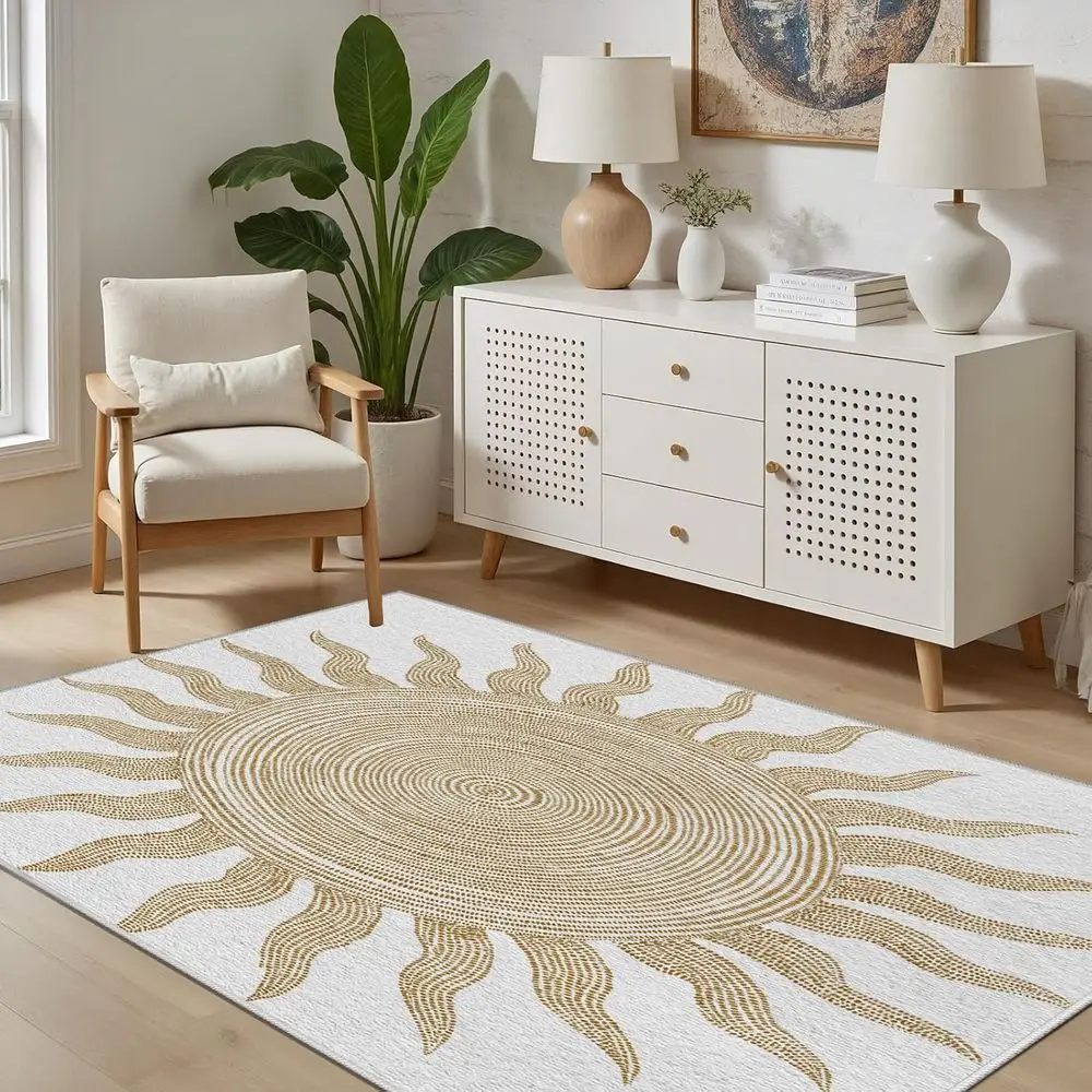 

Washable Bohemian Rug, 6x9 Size, Minimalist Sun Print, Low Pile, Non-Slip, Suitable for Bedroom, Living Room, Dining Area, and K