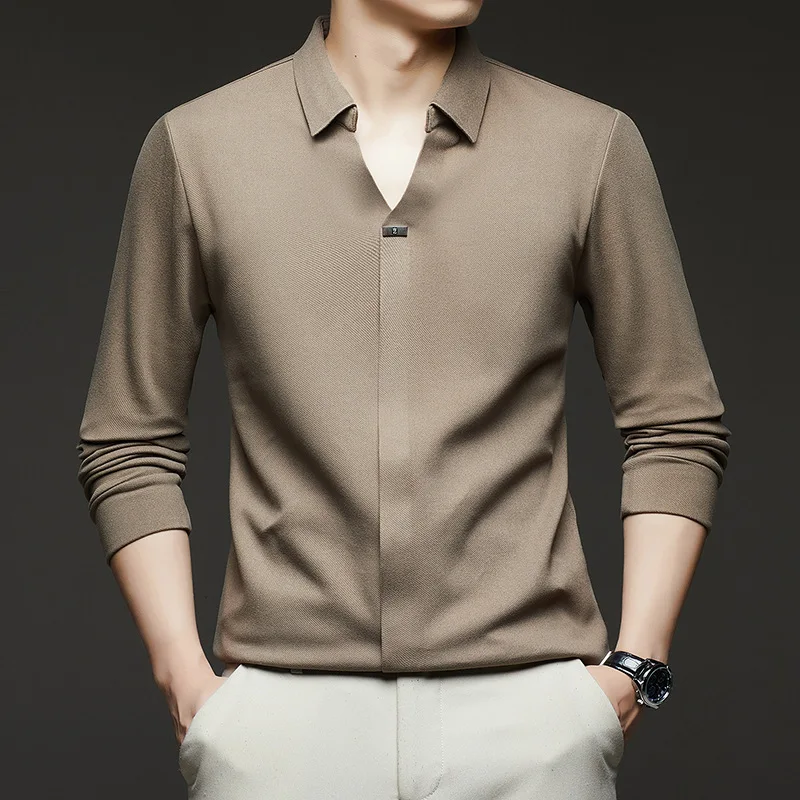 

Trendy Ice Silk Elastic Scissor Neck Long Sleeved Polo Shirt with High-end Feel, Autumn Wrinkle Resistant and Iron Free Top