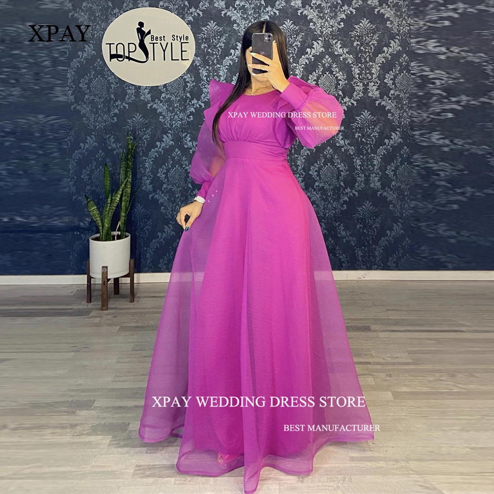 XPAY Modest Fuschia Organza Evening Dresses Dubai Arabic Women Jewel Neck Long Sleeves Formal Prom Gowns Occasion Mother Bride