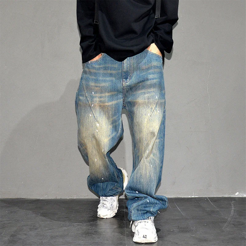Retro Washed Loose Straight Jeans for Men, American Streetwear Paint Splatter Plus Size Casual Trousers