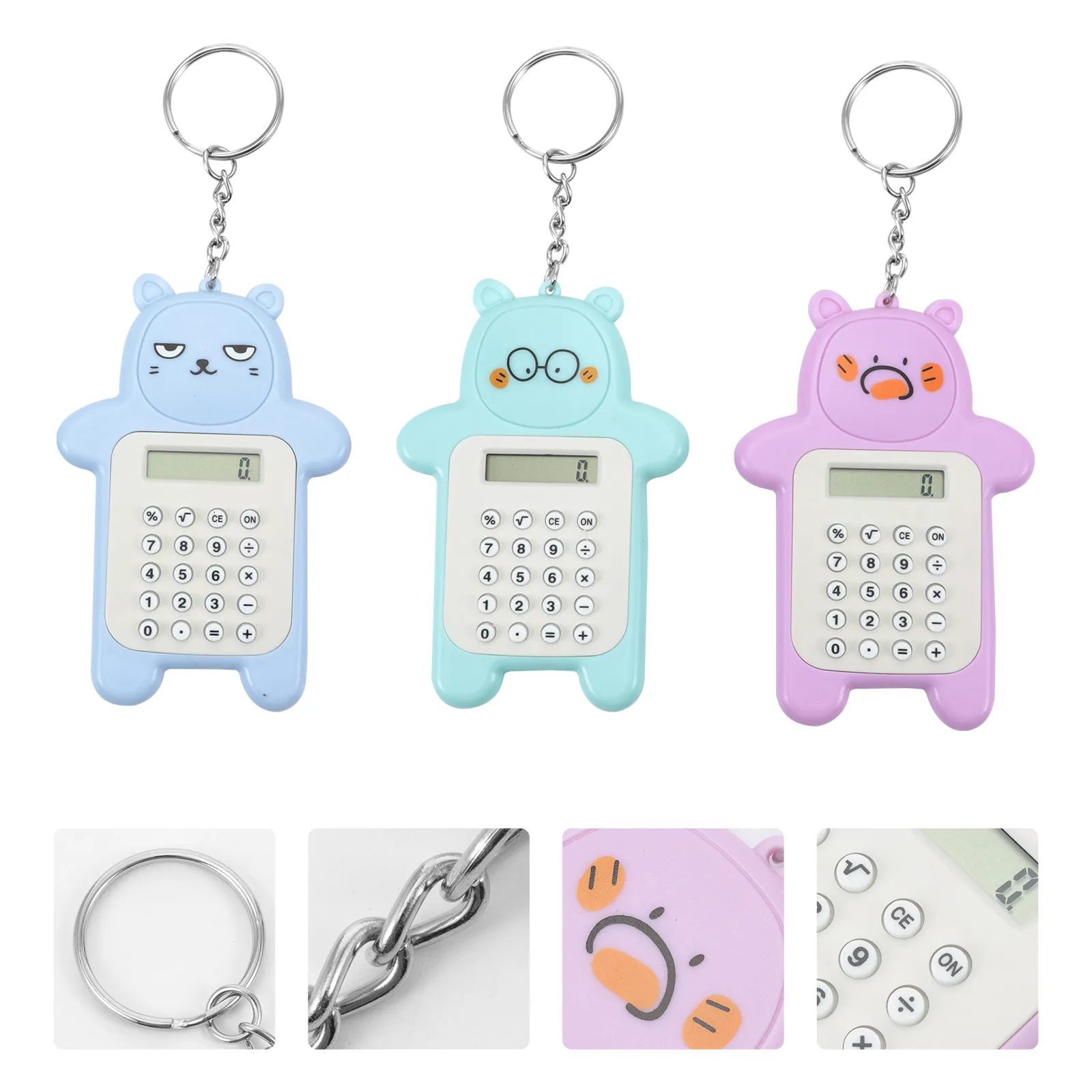 3Pcs Portable Mini Calculators Keychain For Travel Accessories Christmas Stocking Stuffers Bear Shape Buckle Compact