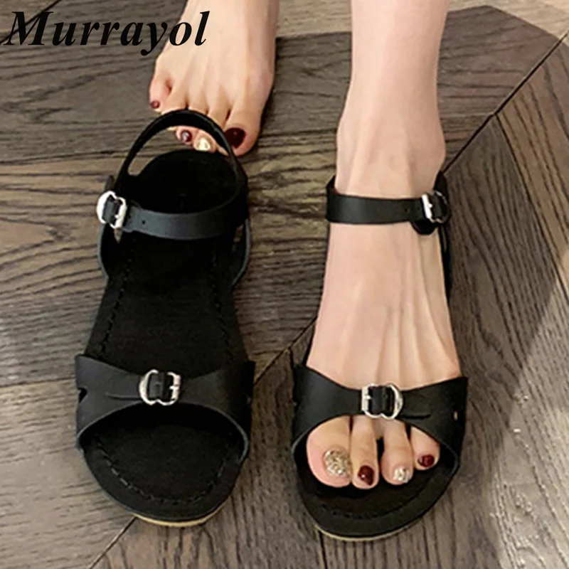 

Belt Buckle Design Back Strap Sandals Women's Genuine Leather One Strap Flat Sandalias Summer Retro Vacation Shoes Gladiator