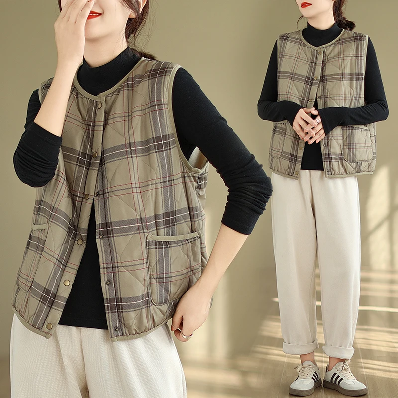 

Retro Plaid ort Jaet Women's Autumn Winter Inner Wear Cotton Filled Warm Fce Lined Vest Small Cotton Coat