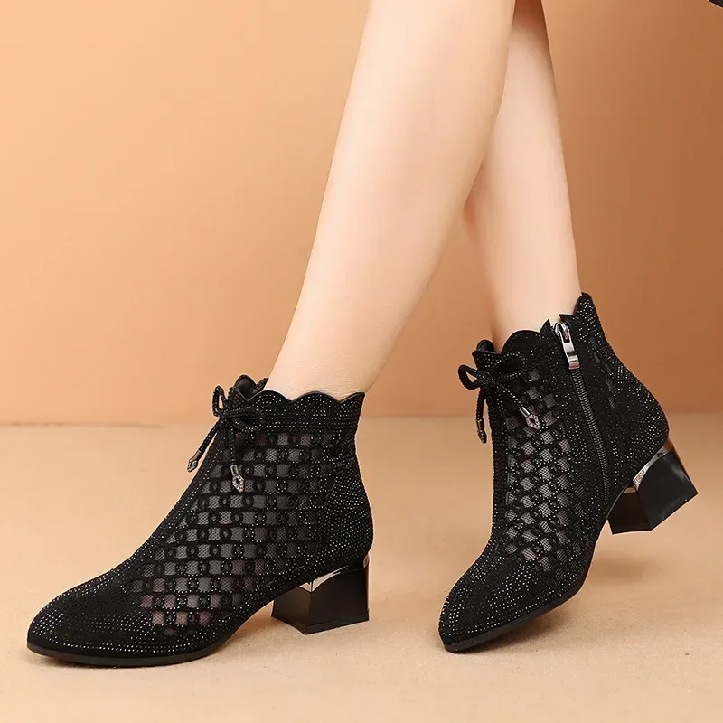 Women\'s Summer Boots Luxury Ankle Casual Shoes For Women Trend 2024 Comfortable Black Mesh Outdoor Fashion Wedge Heel Sandals