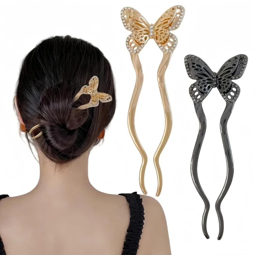 

2 шт., 4,92 дюйма, U-образные французские металлические заколки для волос для женщин, заколки-бабочки из черного золота, большие вилки для длинных волос с 2 зубцами для