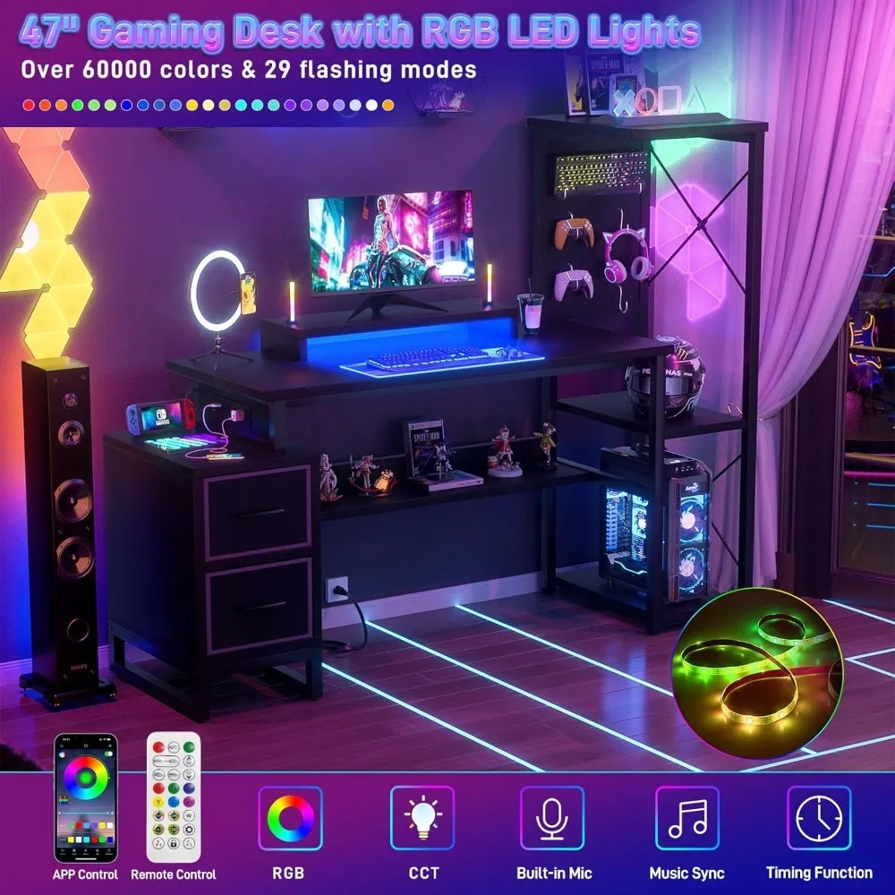 53" Reversible Computer Desk with Power Outlet & LED Lights, Writing Desk with Monitor Stand & Storage Shelves, Black