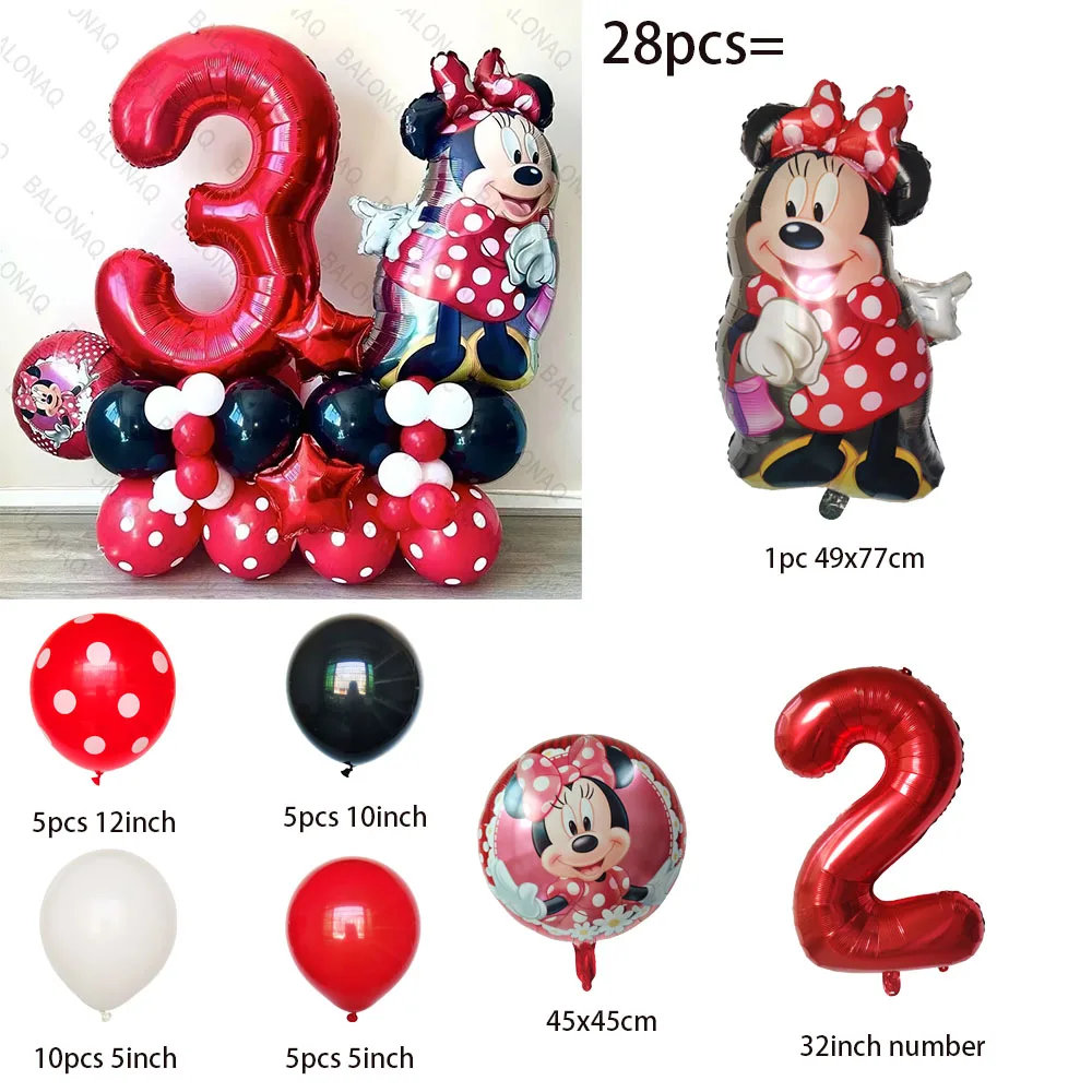 28pcs Disney Red Minnie Mouse Foil Balloons 32 inch Number Birthday Party Balloons Kids Birthday Decorations Baby Shower Ball