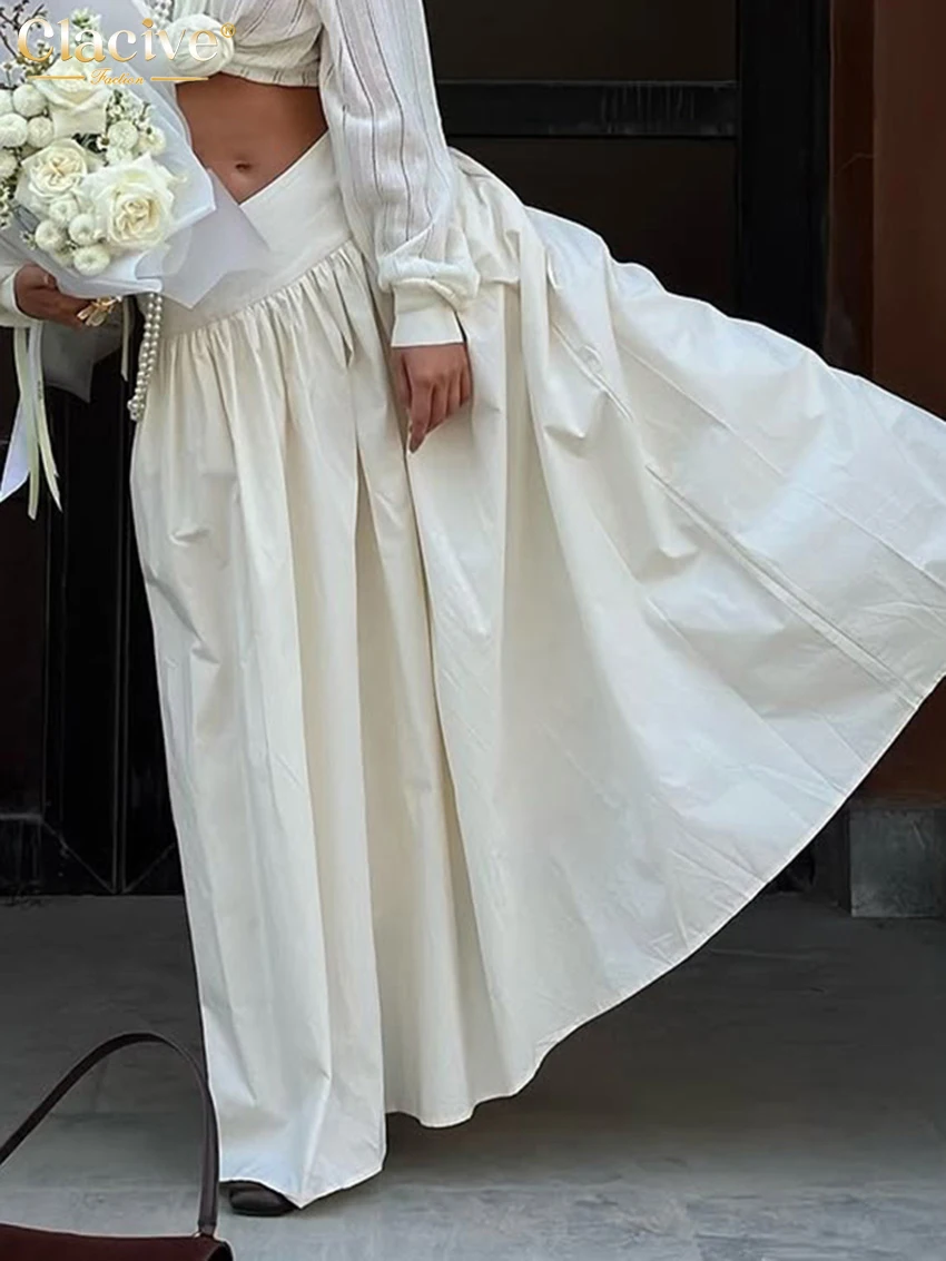 Clacive ファッションルーズベージュコットン女性のスカート 2026 エレガントなハイウエストマキシスカートエレガントなクラシック固体スカート女性服