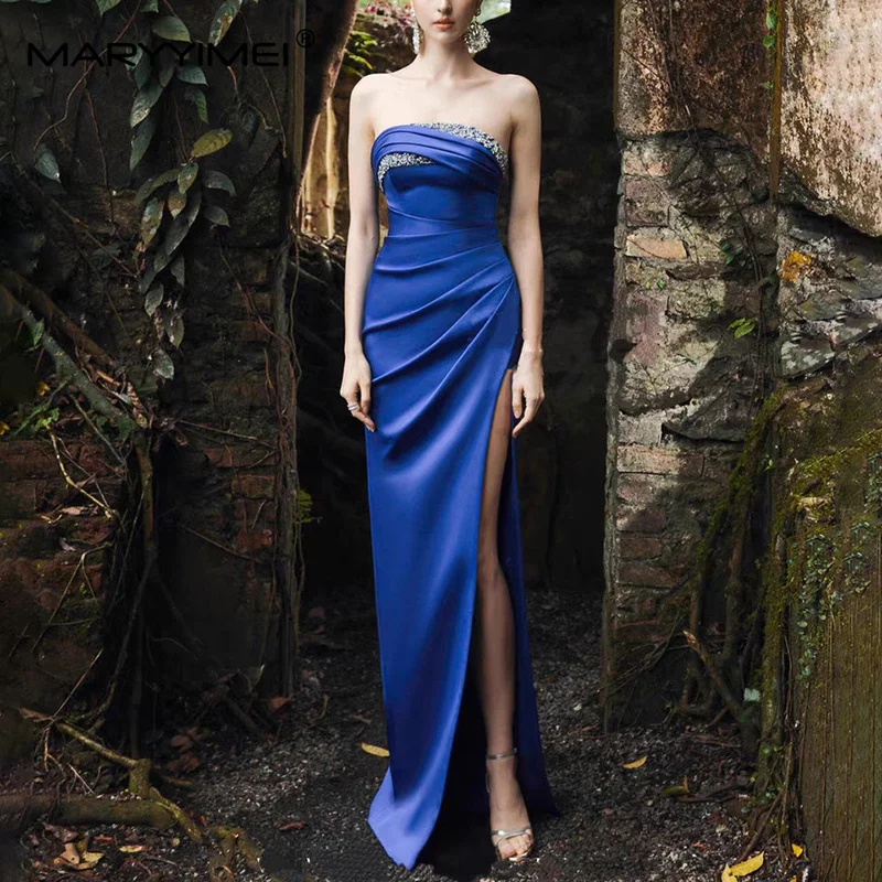 MARYYIMEI Stitching beaded pleated temperament ceremonial dress tube top waist long dress 2026 summer new women's clothing