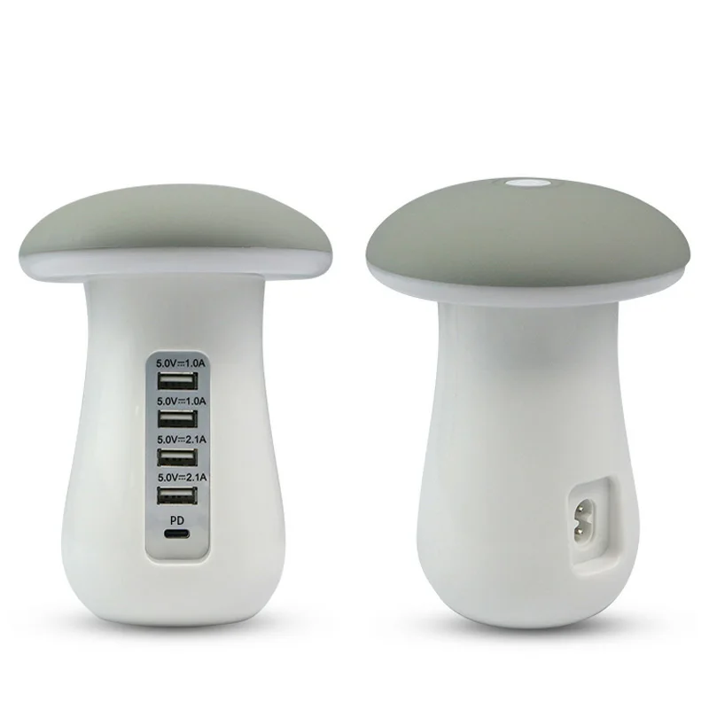 

Multi port USB mobile phone charger Mushroom LED light charging station base QC3.0+PD fast charger mobile phone charger