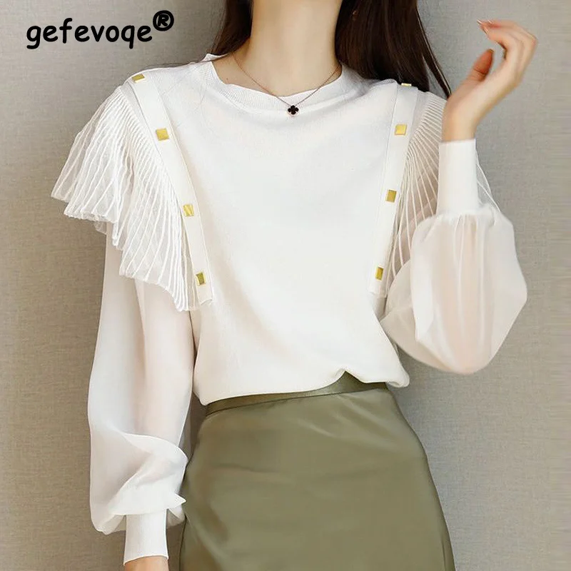 

Spring Autumn Korean Elegant Sweet Ruffled Long Sleeve Knitted Sweater Women Casual Solid All-match Thin Pullover Top Pull Femme