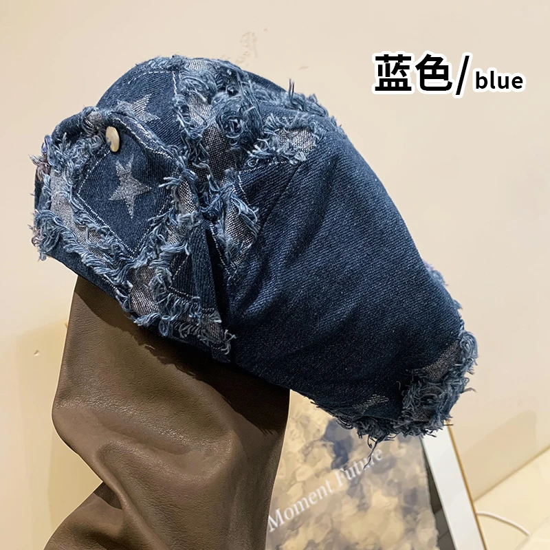 Y2k Rough Edge Star Design Denim Berets Caps Showing Face Small Spring and Autumn Ins New Korean Niche Retro Women\'s Hats