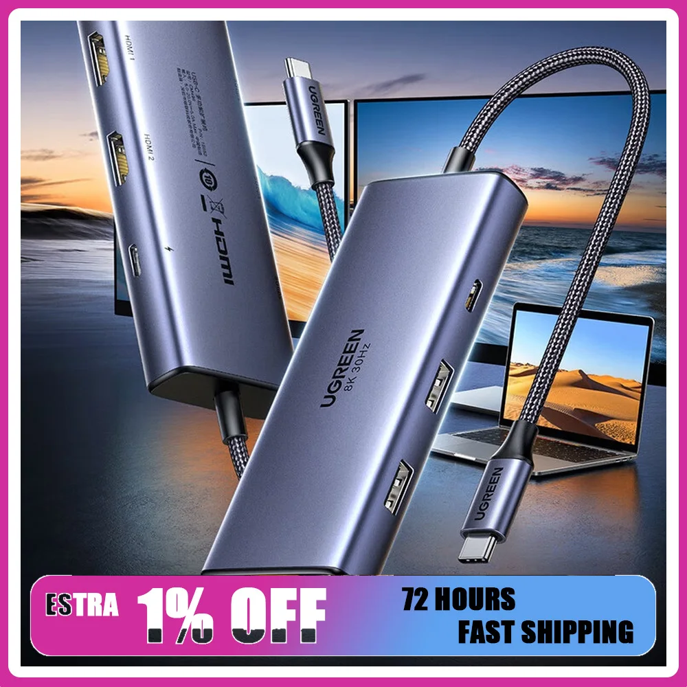 UGREEN CM498 15852 6 in 1 USB C Hub Dual HDMI Triple Display USB C Data 2 USB 3.0 PD Docking Station