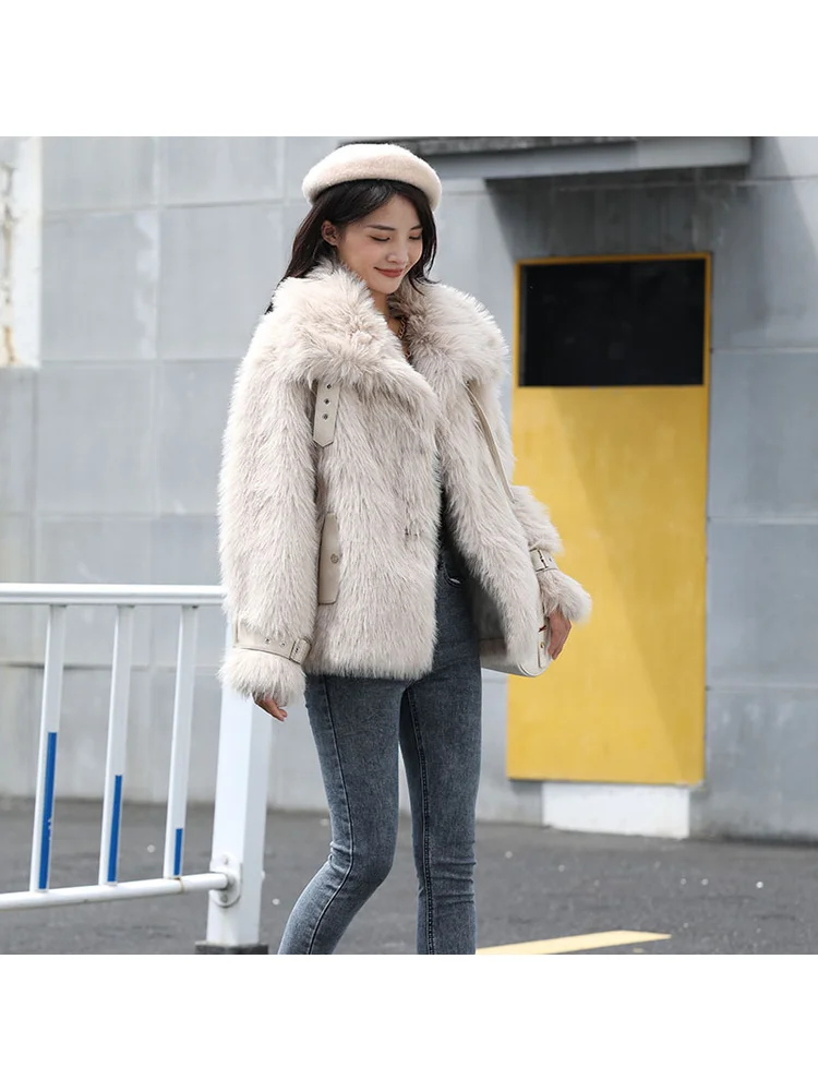 프렌치 겨울 따뜻한 카키색 인조 모피 패셔너블 벨트 버클 스윗 숏 캐주얼 젠틀 루즈 라펠 출퇴근 데이트 루즈 재킷