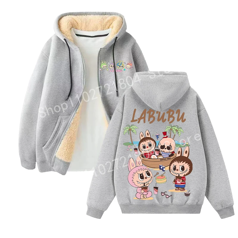 Labubu Adult Berber Fleece Jacket Printing Hoodie Christmas Gift Anime Overcoats Winter Warmth Zipper Coats Fashion Cartoon Tops