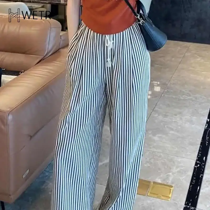 Fashion High Waist Striped Elastic Waist Drawstring Loose Wide Leg Pants Women