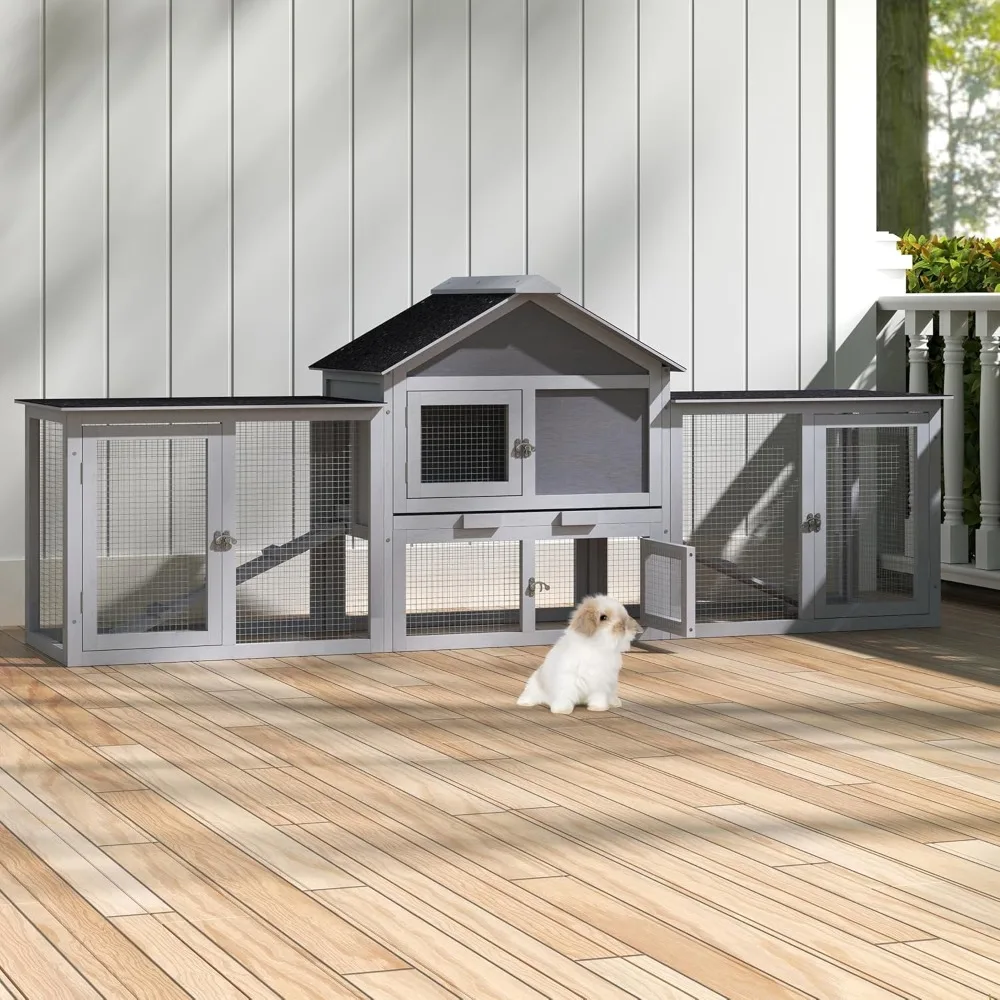

82.5” Large Wooden Rabbit Hutch Outdoor Easy to Assemble Rabbit Cage and Durable Bunny Hutch Indoor with Cleaning Tray