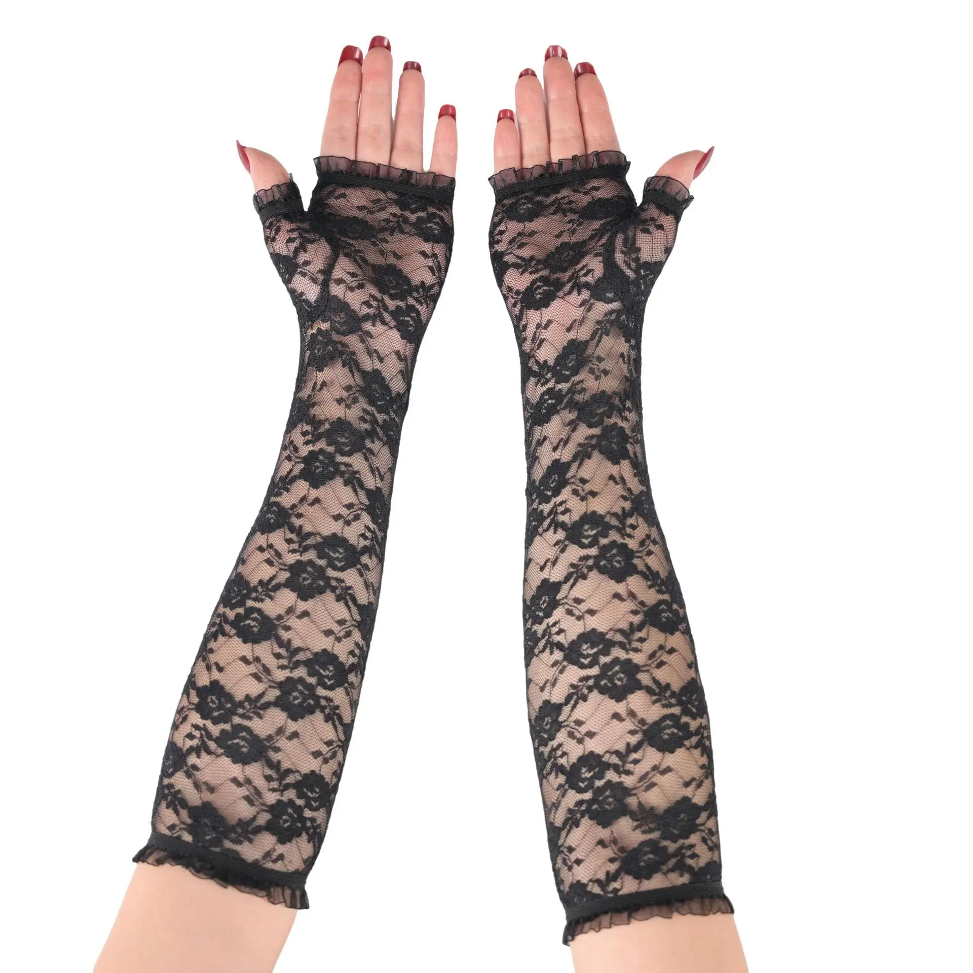 Fingerless Gloves Long Lace Women Thin Breathable Summer Arm Sleeves Scar Tattoo Cover UV Protection Lightweight Soft