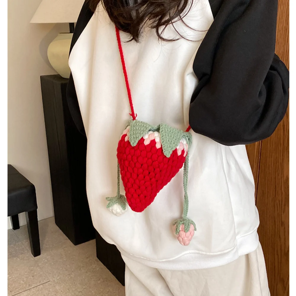 Adorable Strawberry Tote Crossbody Bag Cute Knit Cartoon Shoulder Bag Kawaii Versatile Woven Bag