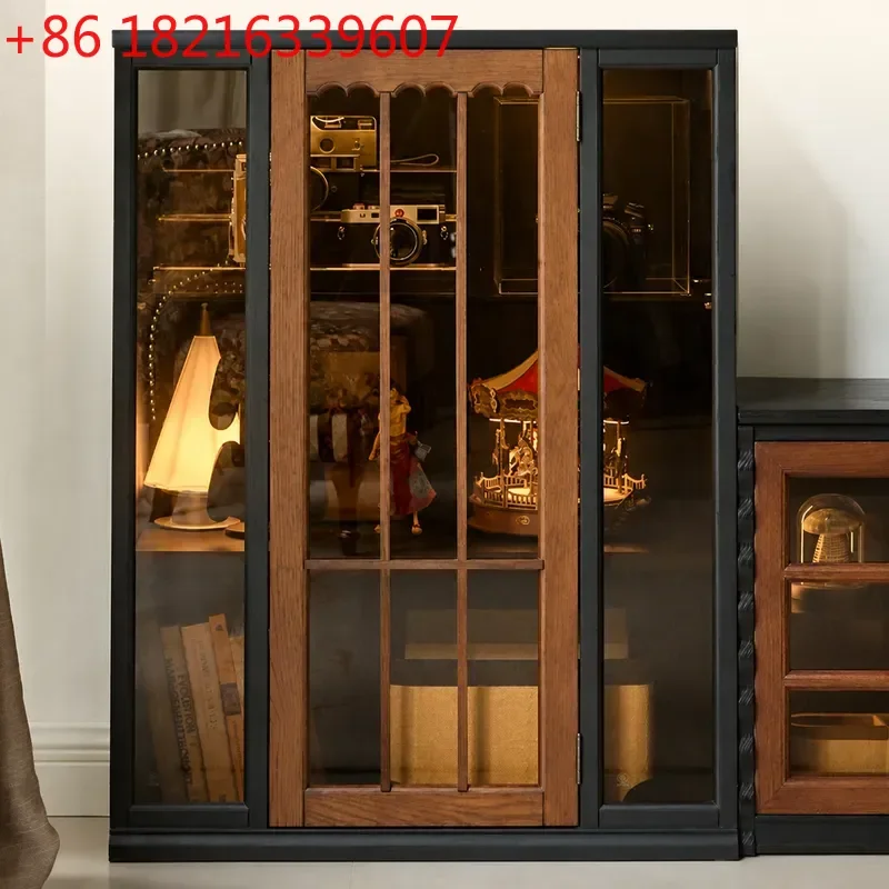 YAO Retro Solid Wood Display Cabinet with Glass Doors Home Figure Showcase TV Sideboard Storage Unit for Living Room Collection