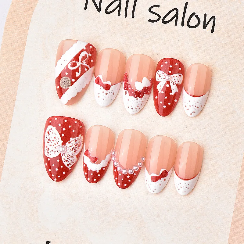 

24 шт., красный миндаль, пресс для ногтей на день Святого Валентина, белый бант в горошек, французские накладные ногти, милое сердце с жемчугом, съемные накладные ногти