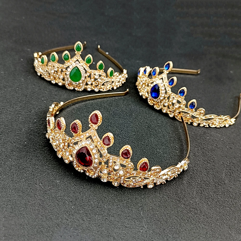 Algerian Women Hair Jewelry Gold Color Fashion Crystal Bridal Tiara and Crown Wedding Gift Royal Blue Green Red Faux Gems