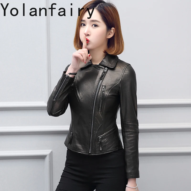 YOLANFAIRY سترة جلدية حقيقية قصيرة للغاية للنساء لربيع وخريف معطف جلد الغنم الحقيقي النحيف ملابس عصرية للدراجات النارية