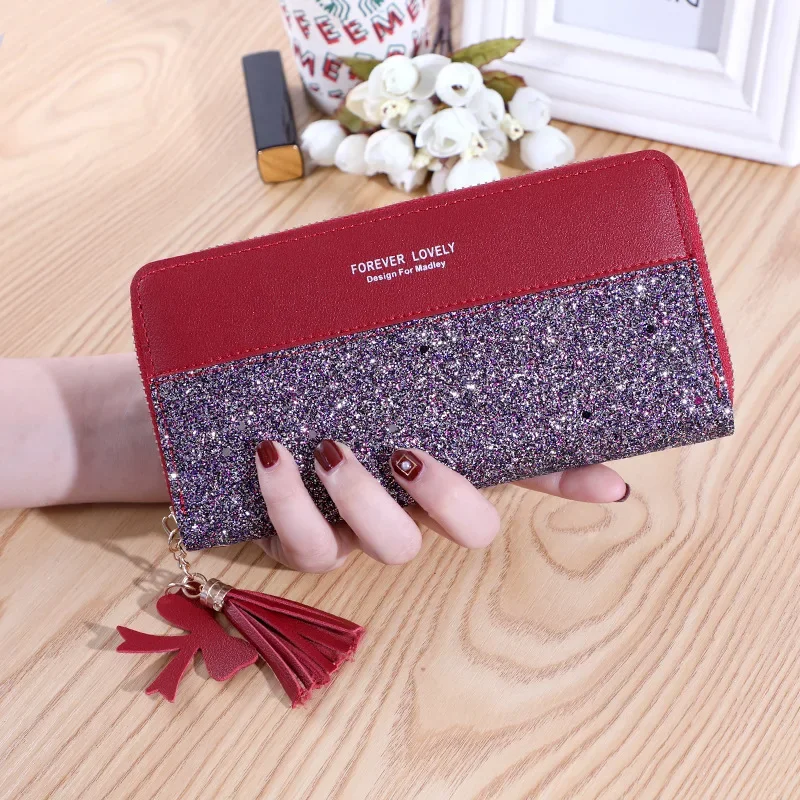 Wallet Long Women's Zipper Wallet Women's Splicing Contrasting Color Tassel Versatile Card Bag Mobile Phone Bag