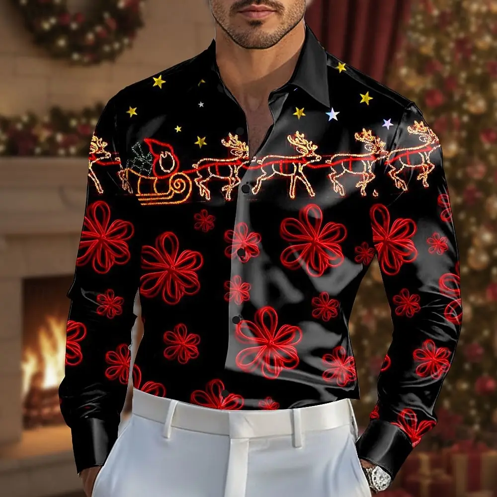 

Christmas Men's Sparkling Glitter Christmas Light Shirt Dress Shirt Long Sleeve Fashion Casual Outdoor Party Holiday Spring Fall