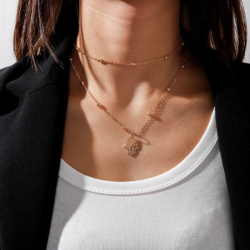 Aihua Fashion Double Layer Beads Chain Hamsa Hand Necklace for Women Gold Silver Color Fatima Hand Pendant Necklaces Jewelry