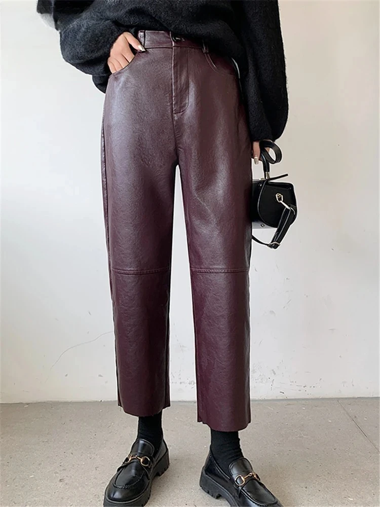 

Seoulish Autumn Winter PU Faux Leather Women's Wide Leg Pants High Waist Female Casual Loose Ankle Length Trousers New