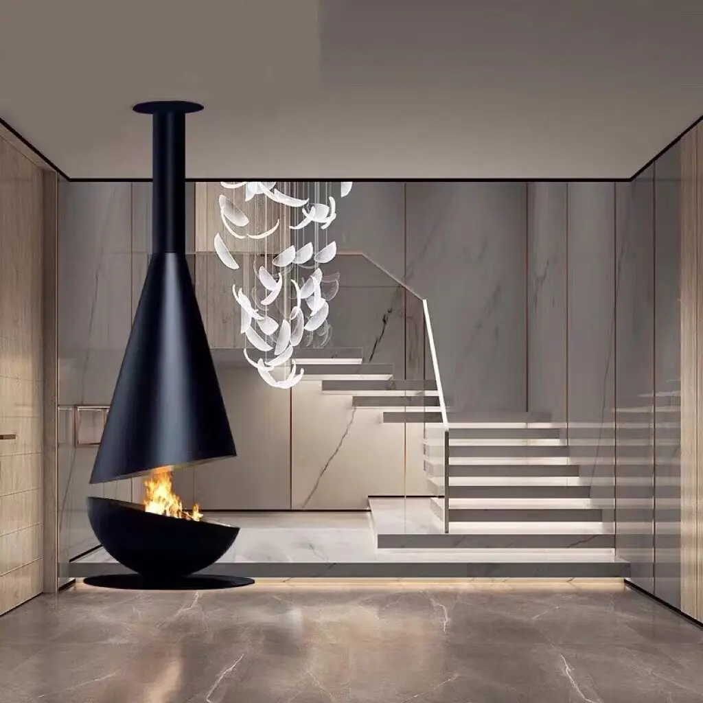 

Custom Hanging Horn Fireplace Household Real Fire Heater Living Room Decoration Outdoor Landscape French UFO Hanging Furnace