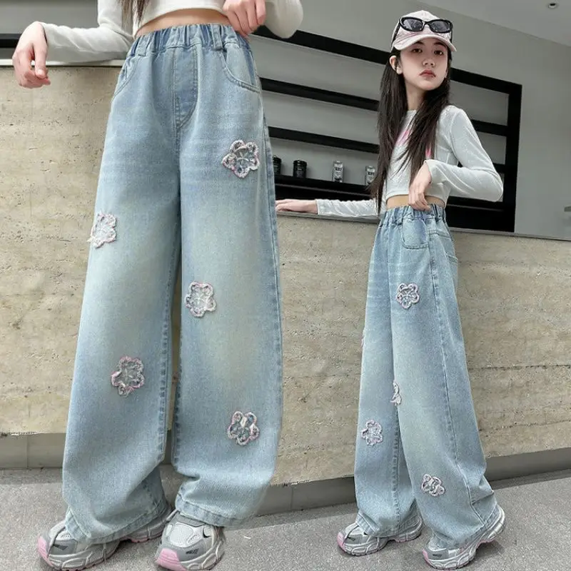 Girls Fashion Jeans Spring Autumn 2025 New Teenage Children's Pink peach blossom embroidered Straight Loose Wide Leg Denim Pants