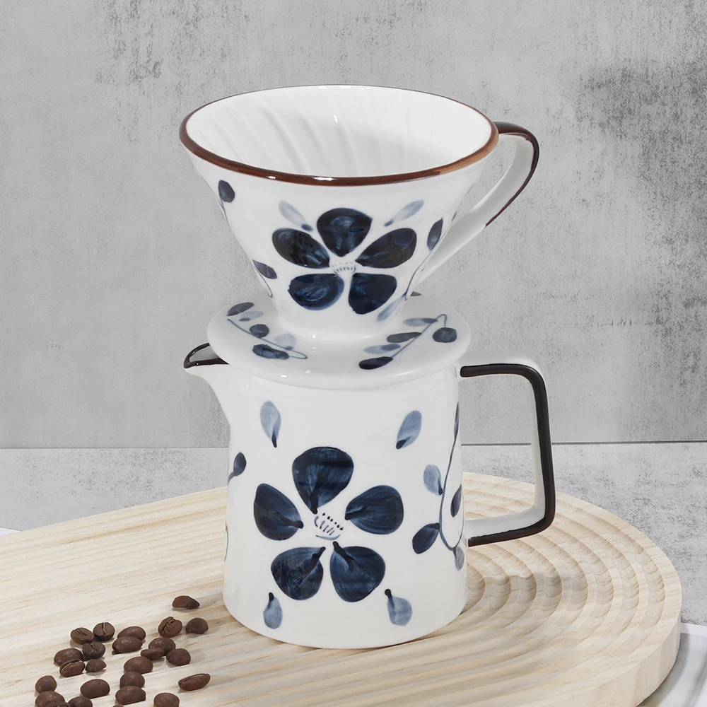 Ceramic Coffee Dripper Hand painted Style Coffee Drip Filter Cup Permanent Pour Over Coffee Maker with Separate Stand for 1-4Cup