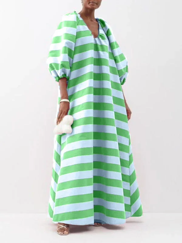 Elegant V คอพัฟแขนยาวชุดผู้หญิงแฟชั่นพิมพ์ลายหลวม Swing Party ชุดลําลองเอวสูงชุด Maxi