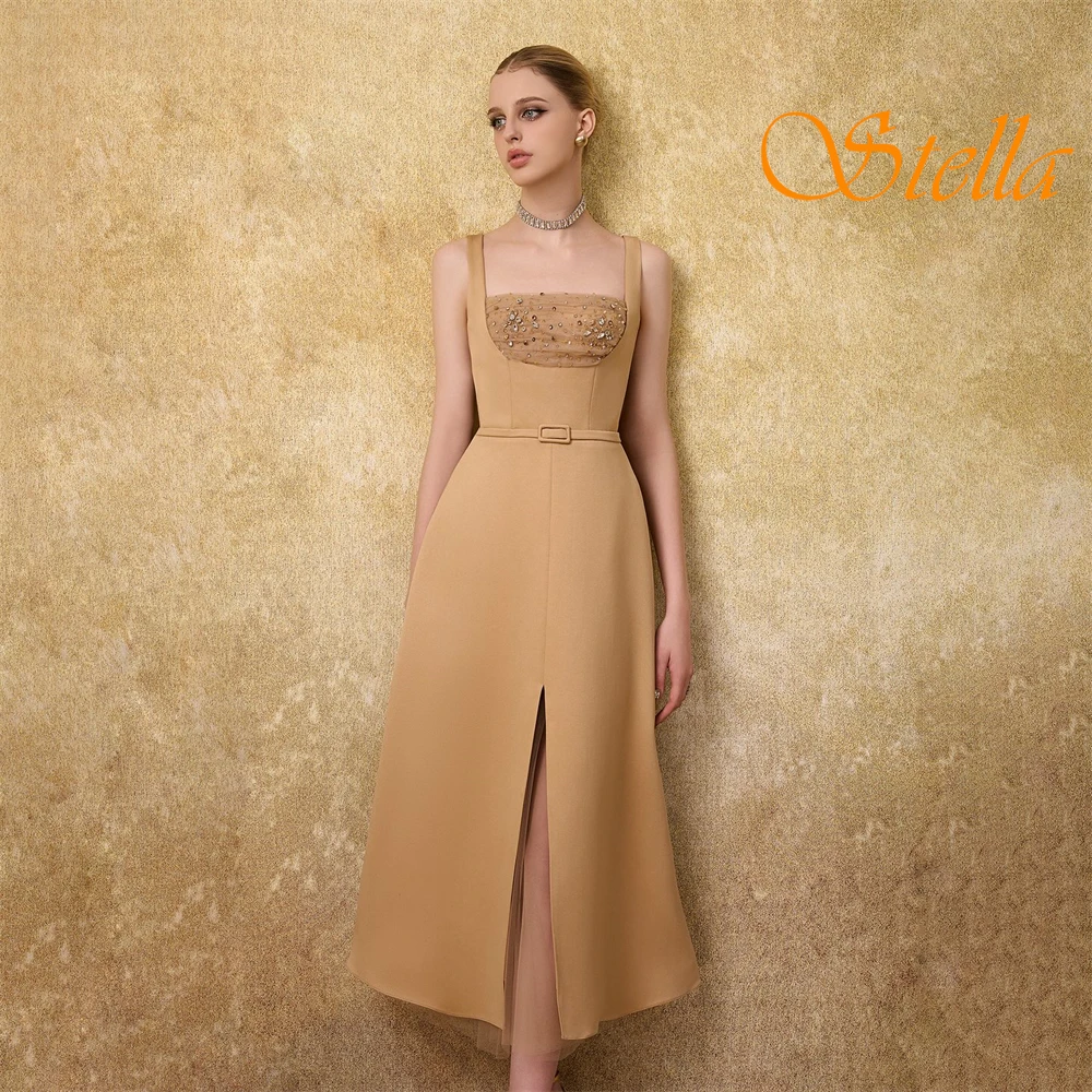 Abito da sera senza maniche classico personalizzato con colletto quadrato Temperamento Abiti da ballo in raso Abiti da ritorno a casa in cristallo delicato