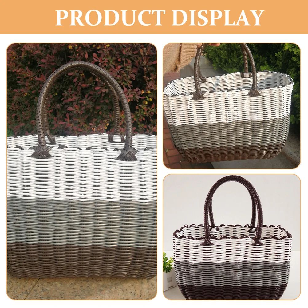 African Market Basket Woven Straw Handle Grocery Bag Shopping Vegetable Tote Home Outdoor