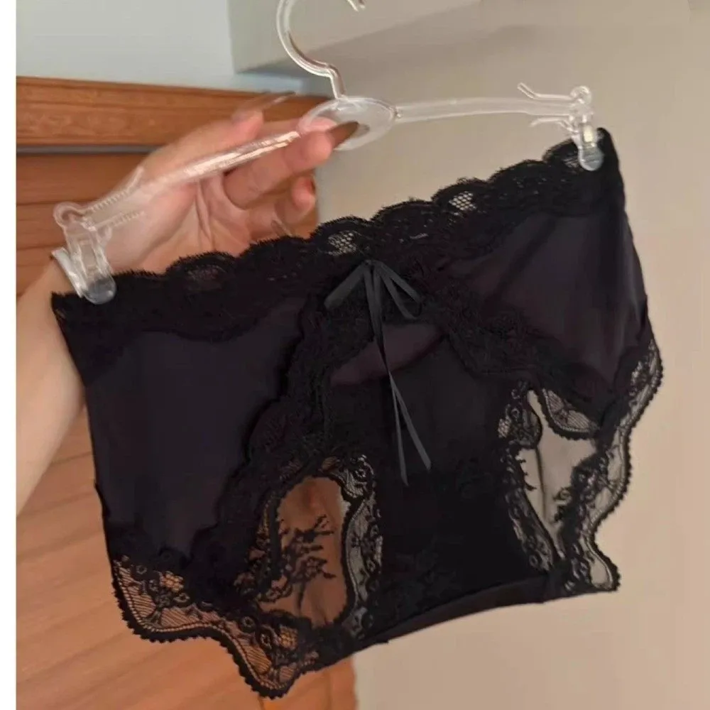 Panty Mid Waist Lace Satin Panties Mesh Sweet Transparent Briefs Invisible Patchwork Bow Briefs Women