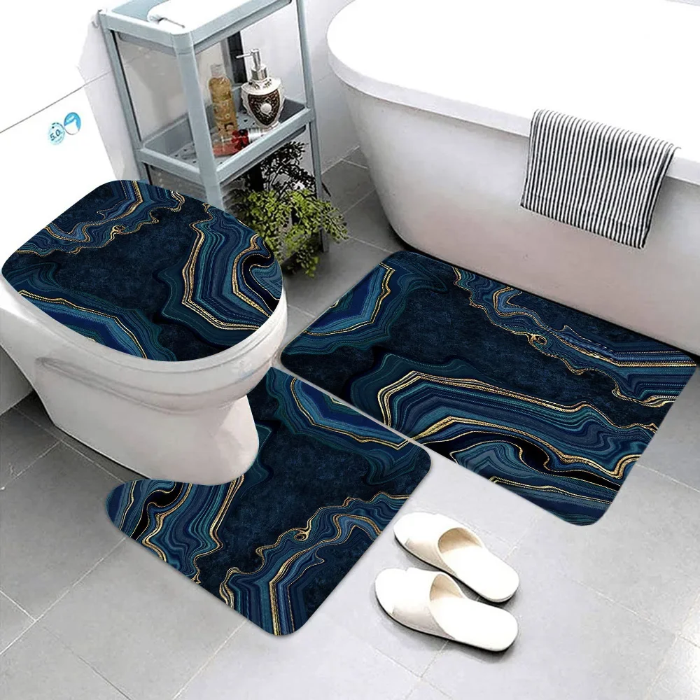 3pcs Sets Black Marble Bath Mats Gold Grey Lines Creative Abstract Geometric Art Home Bathroom Door Rug Anti-Slip Toilet Lid Mat