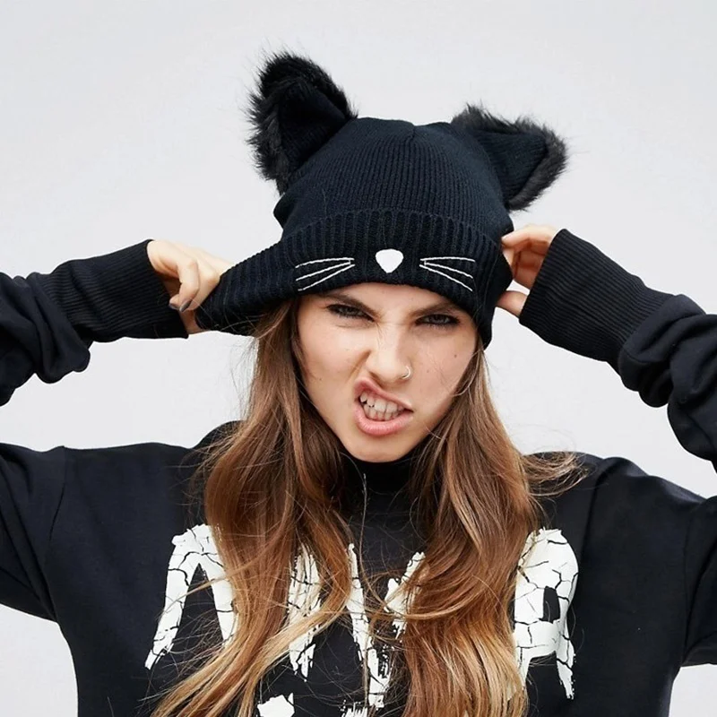 Gorro de invierno para mujer lana orejas gato visón sintético