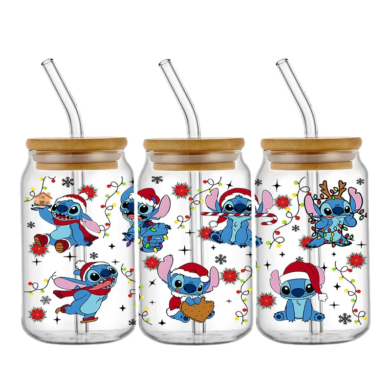 Disney Mickey Stitch Winnie UV DTF Transfer Stickers Christmas For 16OZ Glass Bottle Can Waterproof Cup Wrap Custom DIY Label