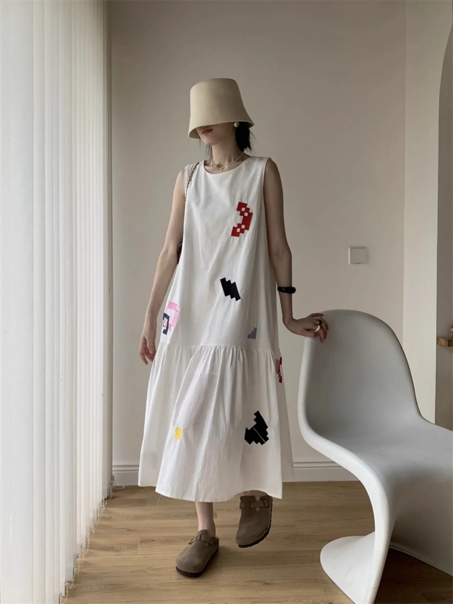 MALCENL KLON Summer Svel geborduurde A-lijn Dr Linen losse Vaion Sle Dr. ort Sve-jurk voor dames