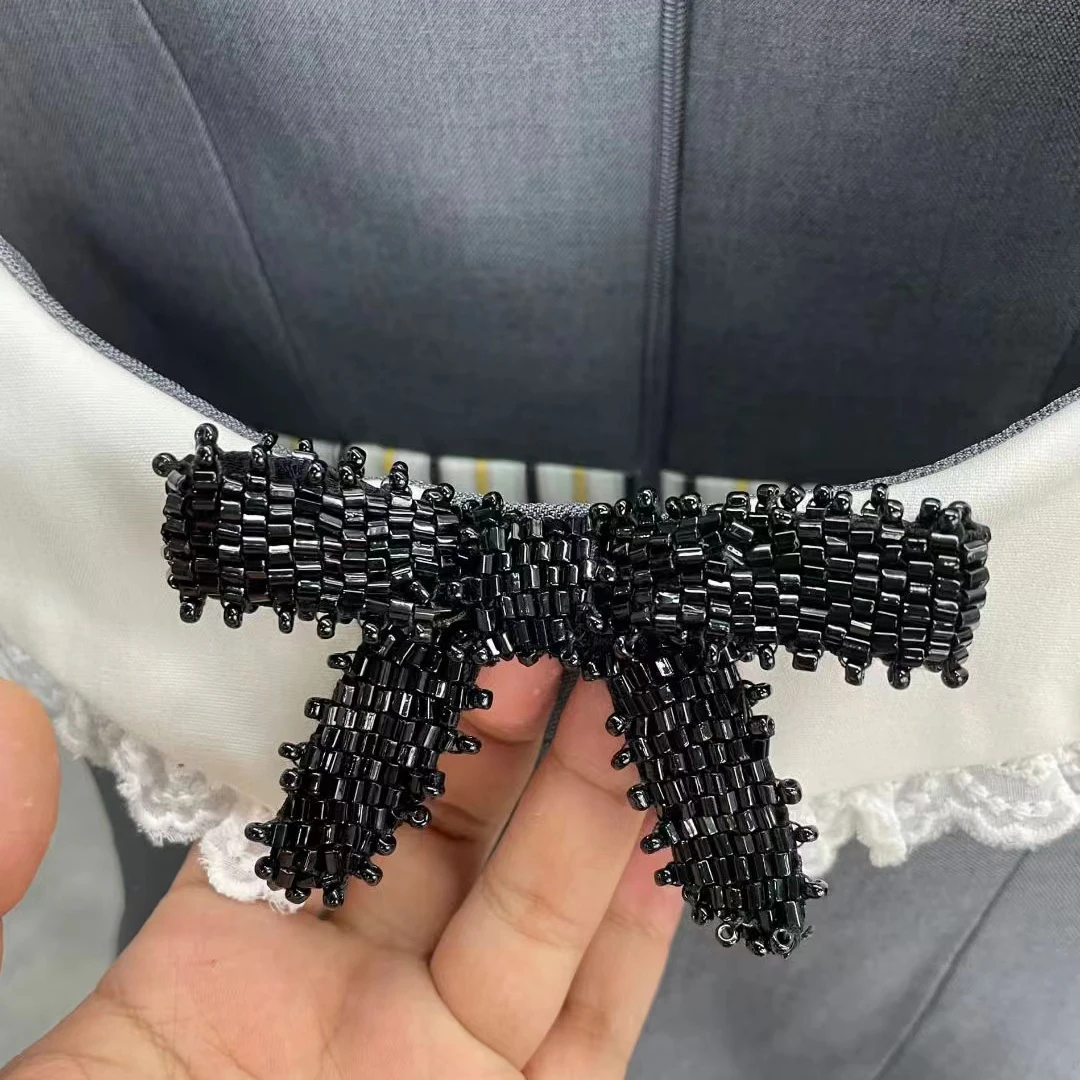 Brand Hand Beaded Bow Half Round Neck Sleeveless High Waist Chic Dress Side Slit Raw Edge Beaded Bow Short A-Line Dresses 2023