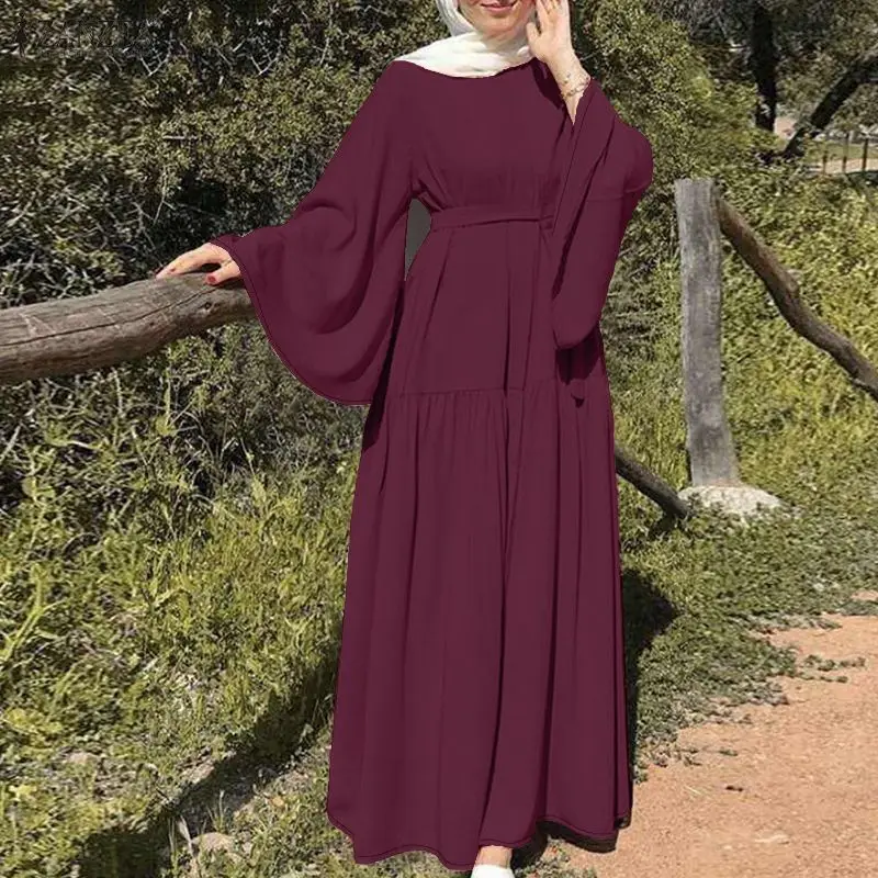 ZANZEA Hijabs Womens Baggy Maxi Dress Modest Fashion O-Neck Flare Sleeves Tie-Waist Eid Abaya Robes Muslim Ramadan Long Dresses