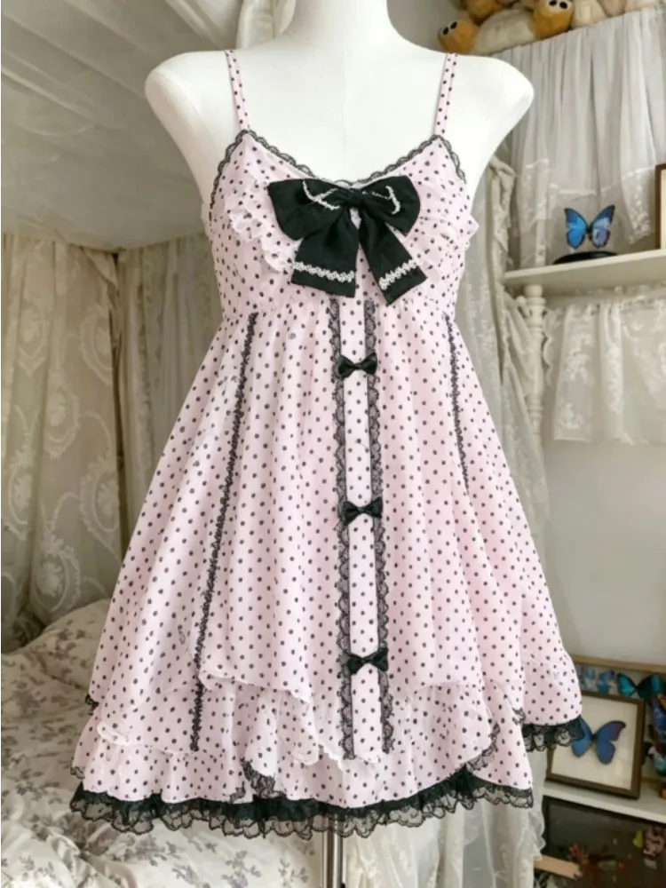 Japanisches Vintage-Stil Kawaii Lolita Kleid für Damen, süßes Spitzenkleid mit Schleife und Rüschen, Harajuku Y2K Slim Bandage Kleid, Sommer 2026