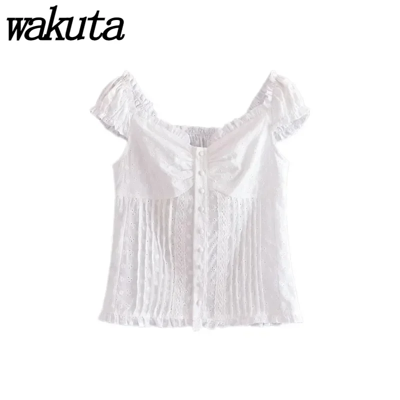 WAKUTA Vintage One Line Collar Wooden Ear Edge Bubble Sleeve Small Shirt Women's Single Breasted Embroidered Spicy Girl Tanks