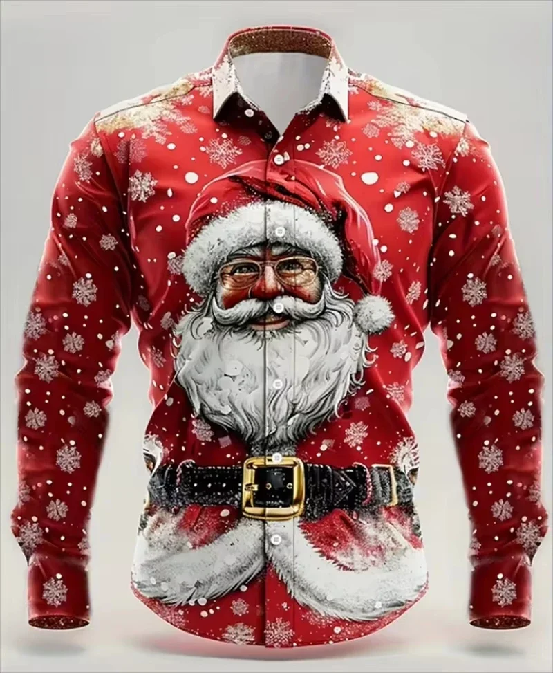 الرجال الاحتفال الأحمر مجموعة عيد الميلاد الحديثة الرجال طويلة الأكمام التلبيب هدية السنة الجديدة كتلة اللون ثلاثية الأبعاد طباعة قميص طويل الأكمام #3