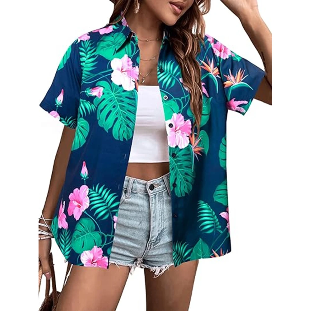 Fashionable Summer Single Breasted Shirts & Blouse Women\'s Basic Tops Short Sleeve Shirt Beach Hawaiian Shirts Summer Vacation